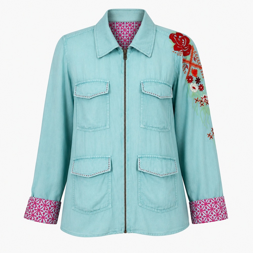 Unbranded Reversible Embroidered‎ Floral Jacket Women Small Aqua Boho Zip